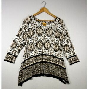 Boho Artsy Ruby Rd Womens Petite PXL Brown Mosaic Sharkbite Hem 3/4 Sleeve Tunic